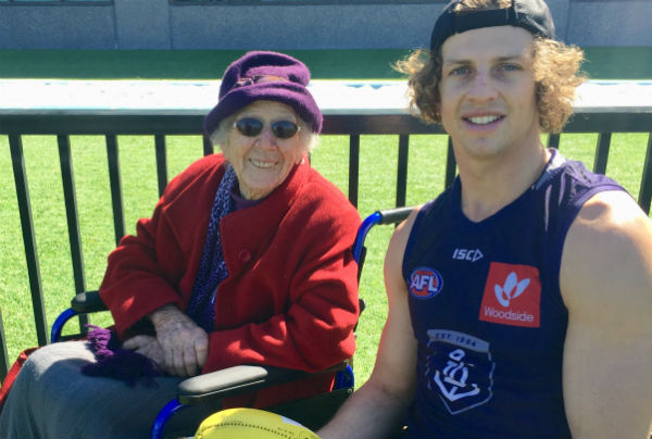 Article image for Fremantle fan celebrates her 100th birthday at Grand Final