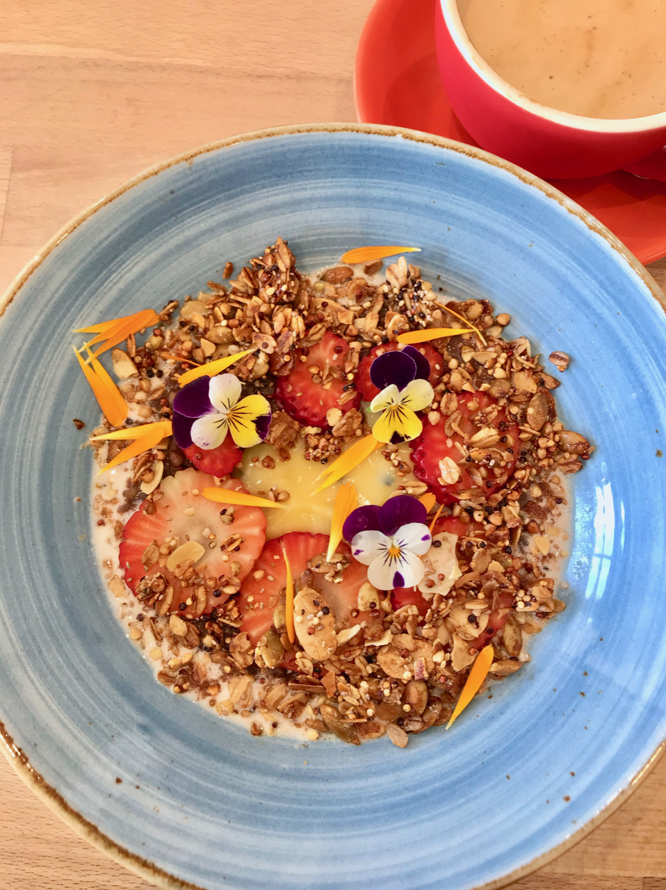 A bowl of chocolate porridge with fruit and edible flowers on top