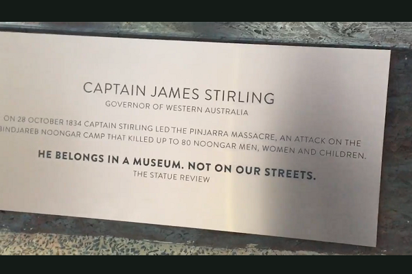 Artists replace plaques on WA statues to ‘rewrite history’