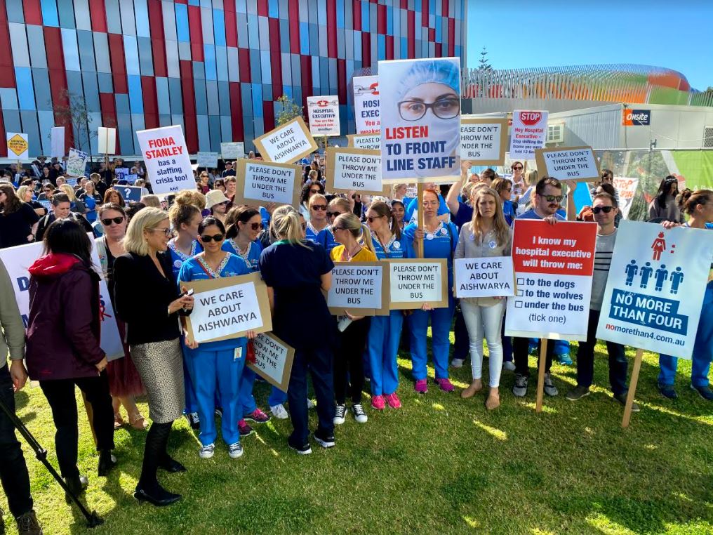 Article image for ‘Don’t throw me under the bus’: Health workers rally at Perth Children’s Hospital