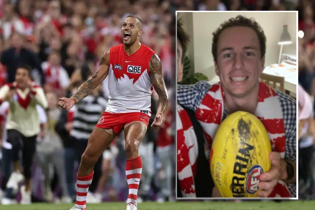 Article image for “I feel like it belongs to them”: Swans fan returns Buddy’s 1000th goal ball