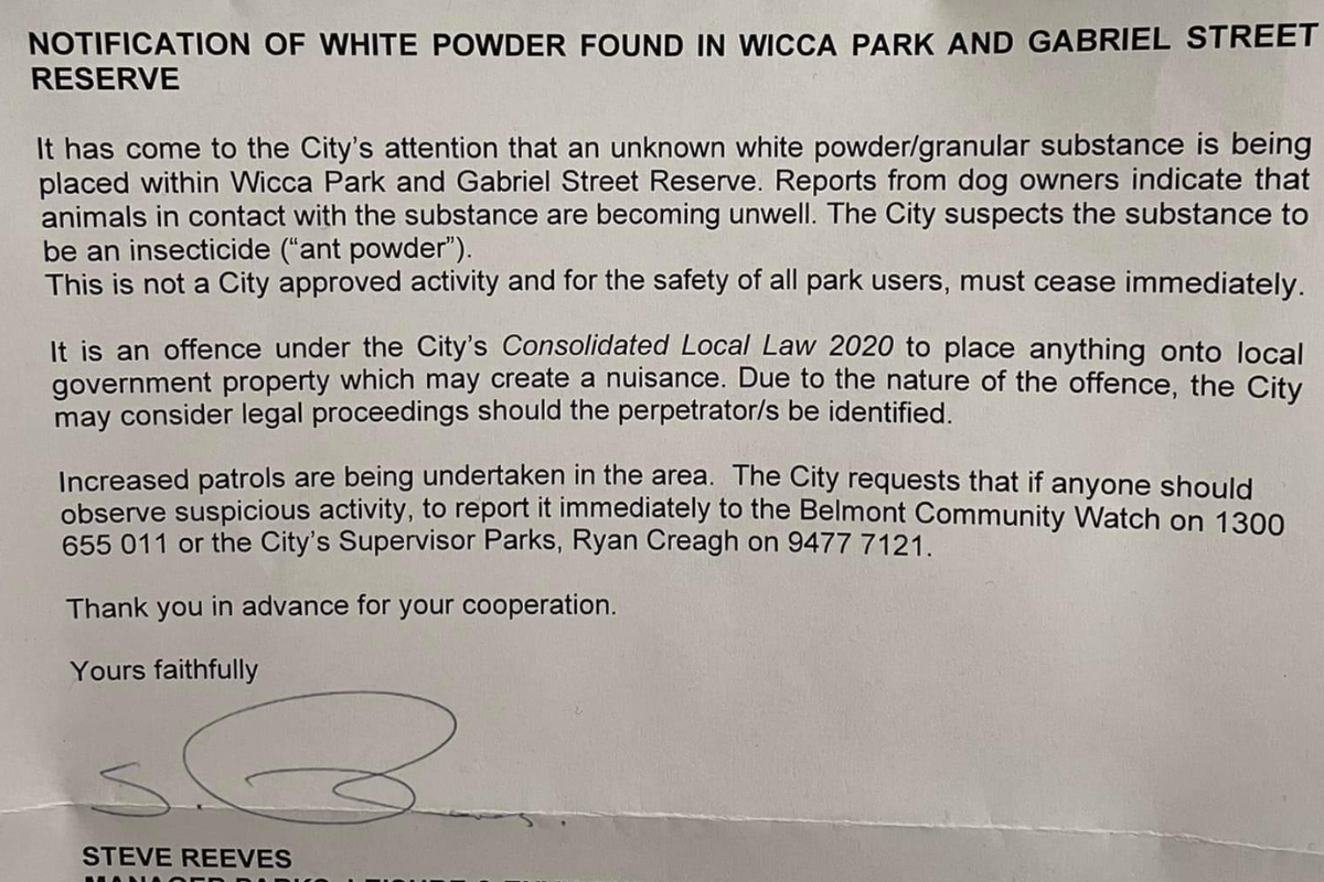 Article image for Urgent warning as City of Belmont parks laced with poison