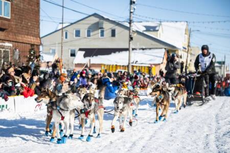 American dog musher takes his sixth win after a moose threatened to spoil the race