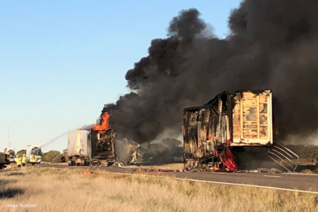 Drivers report a fiery semi-trailer explosion north of Carnarvon