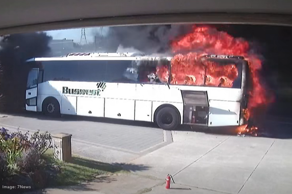 Article image for Terrifying moments as Ballajura school bus erupts in flames